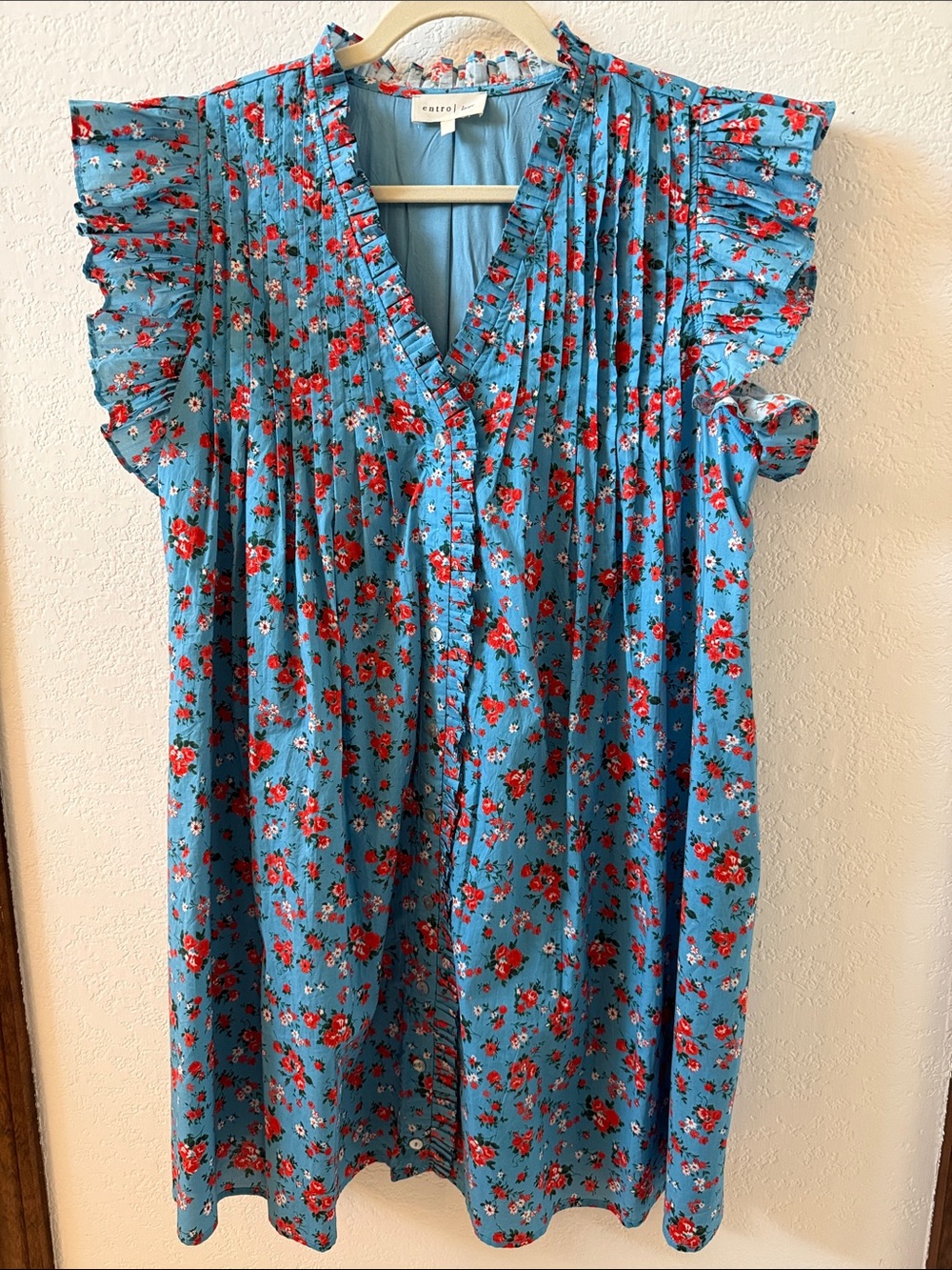 Entro Women’s Blue Floral Ruffle-Sleeve Dress